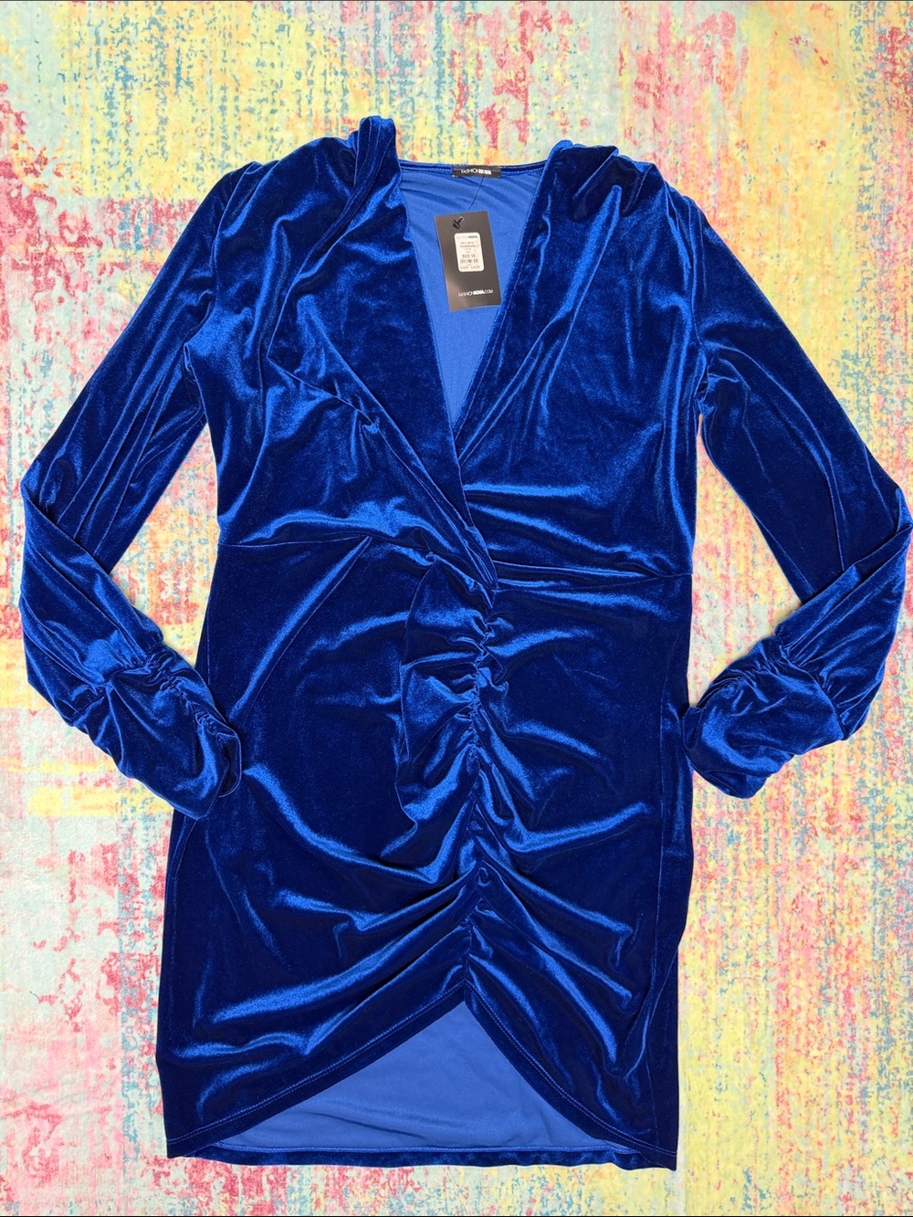 Fashion Nova Velvet Ruched V-Neck Long Sleeve Dress - Royal Blue
